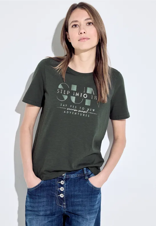 T-shirt met wording-print strong khaki