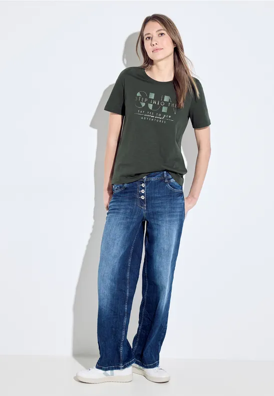 T-shirt met wording-print strong khaki