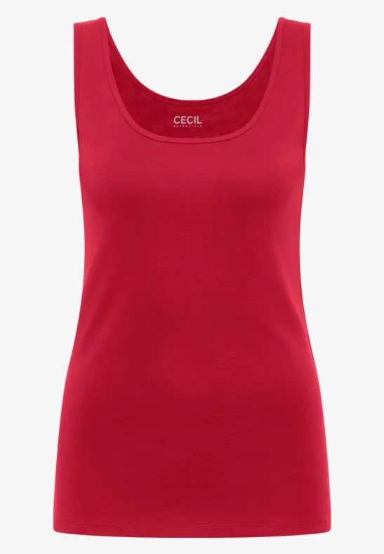 Débardeur féminin rouge, sans manches, col rond et logo discret de la marque.