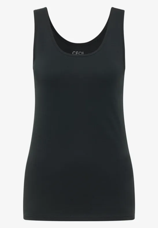 Schlichtes schwarzes Tanktop mit Rundhalsausschnitt, enganliegend und ärmellos.