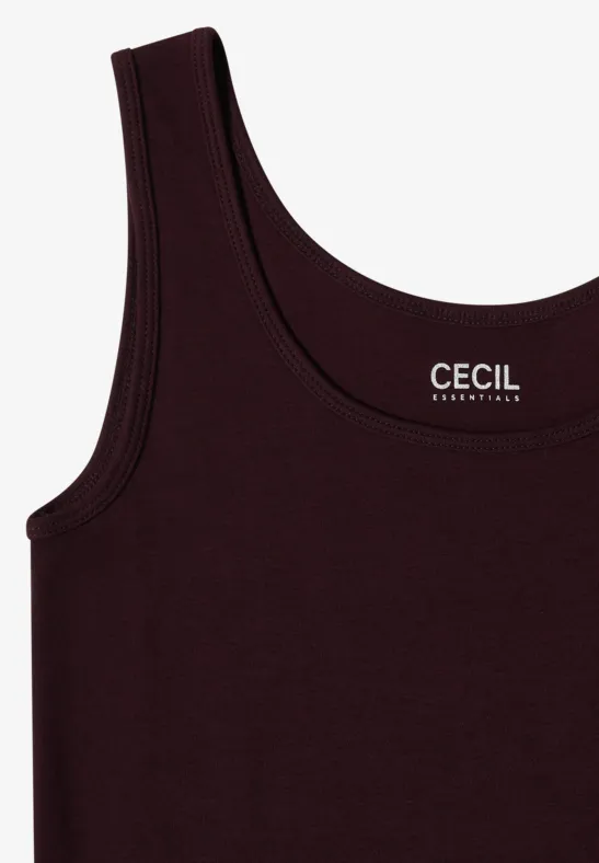 Bordeauxrood slank tanktop met ronde hals en wit CECIL-logo op de borst.