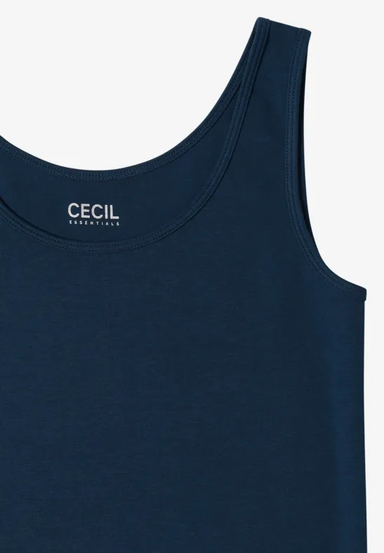 Débardeur femme bleu marine à encolure ronde, style épuré.