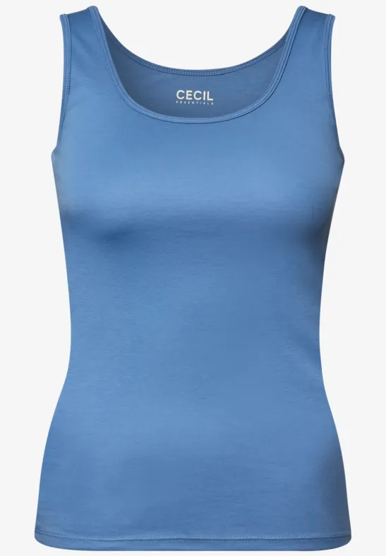 Blaues ärmelloses Damen-Top mit Rundhalsausschnitt und schlichtem Design.