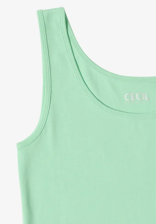 Muntkleurige mouwloze top met asymmetrische one-shoulder snit en merklogo “CECIL”.