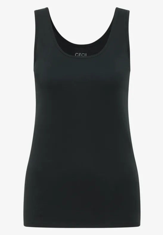 Schlichtes, ärmelloses schwarzes Tanktop mit rundem Ausschnitt und taillierter Passform.