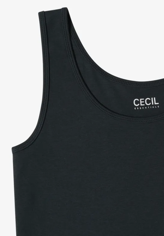 Schwarzes Tanktop mit Rundhalsausschnitt und weißem CECIL-Logo auf der Brust.