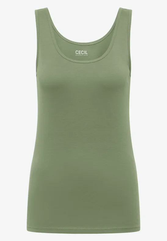 Olivgroen basic tanktop zonder mouwen met ronde hals, strak en zonder print.