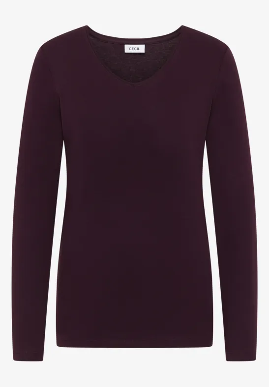 V-Neck Langarmshirt eggplant red