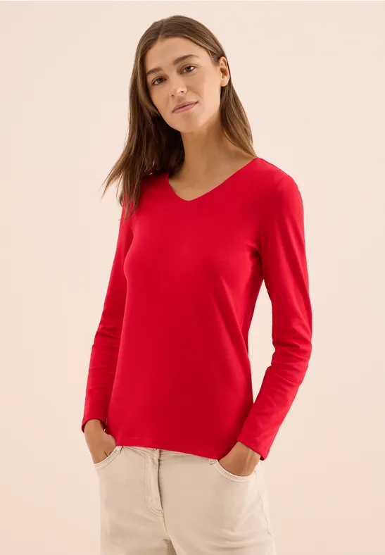 Shirt met lange mouwen en V-hals fiery red