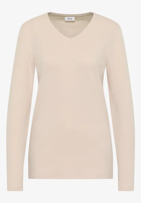 Shirt met lange mouwen en V-hals oat milk beige