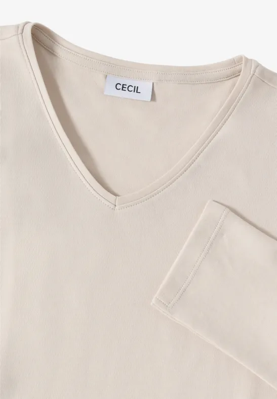 Shirt met lange mouwen en V-hals oat milk beige