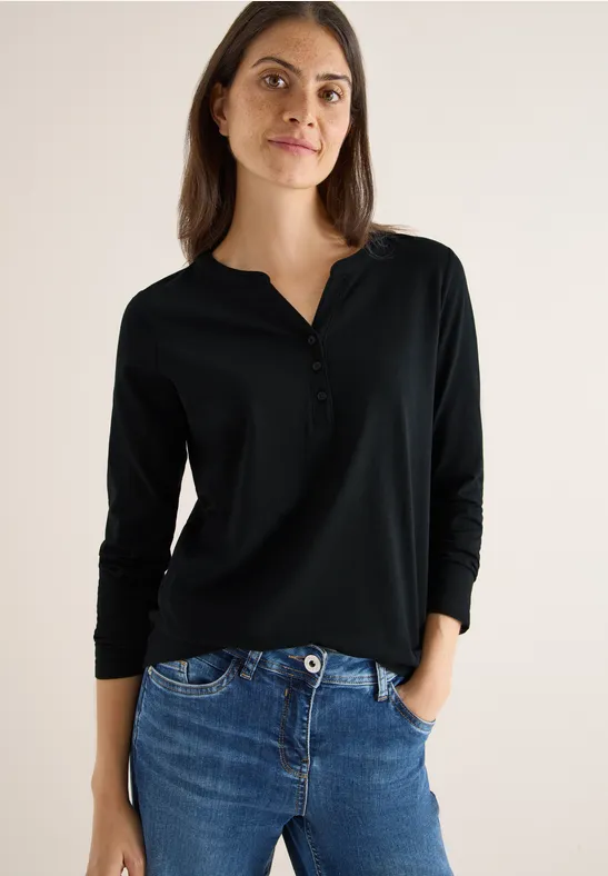 Split Neck Langarmshirt Black
