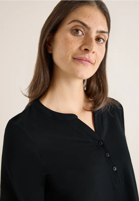 Split Neck Langarmshirt Black