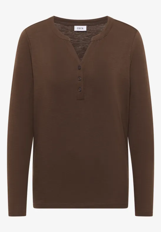 Split Neck Langarmshirt chocolate mousse