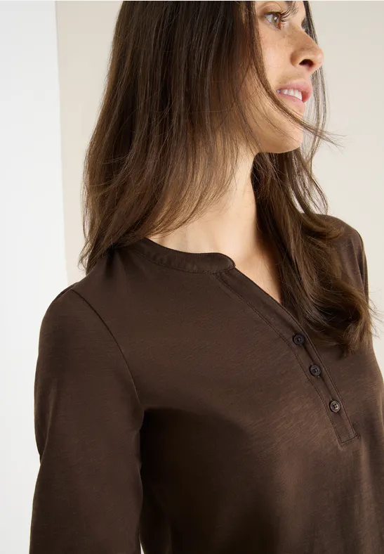 Split Neck Langarmshirt chocolate mousse