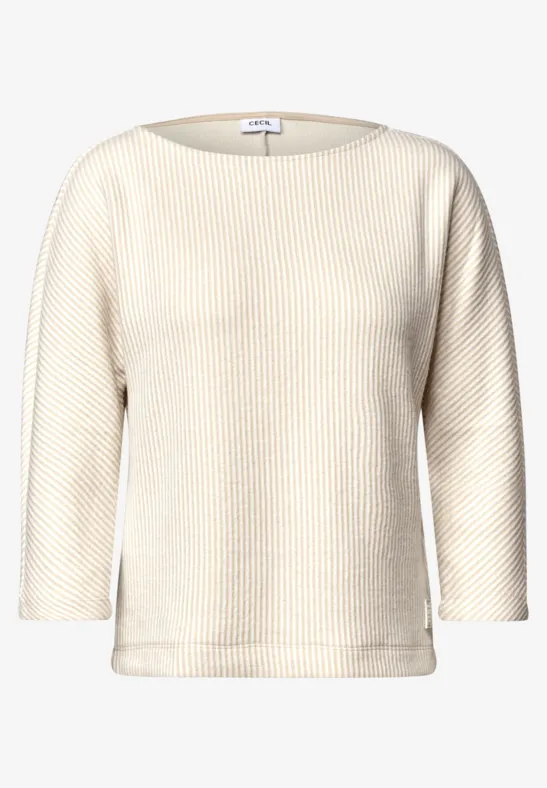 Beige geribde trui met driekwartmouwen en ronde hals