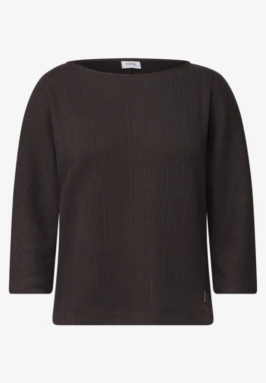 Dunkelgraues, fein geripptes Shirt mit Dreiviertelärmeln und rundem Ausschnitt.