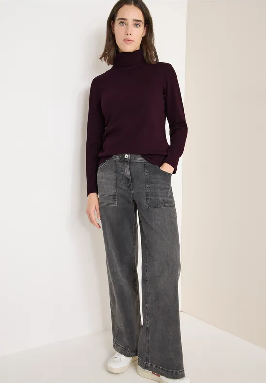 Langarmshirt in Rippstruktur eggplant red