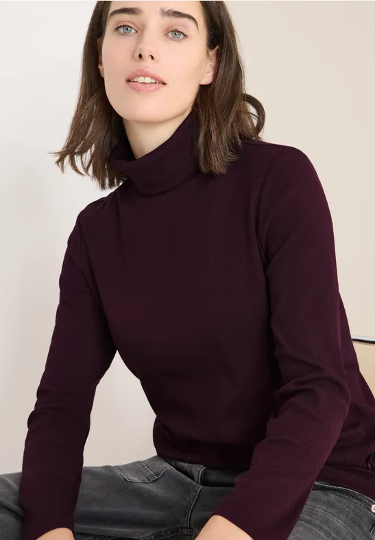 Langarmshirt in Rippstruktur eggplant red