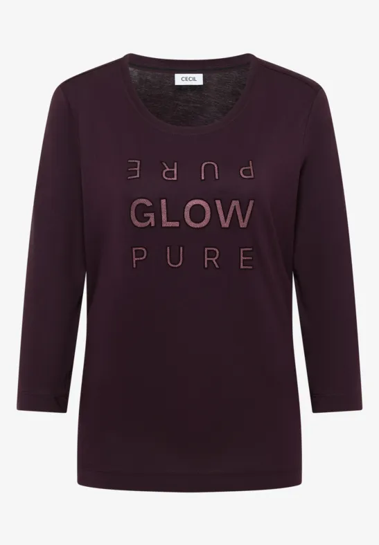 Shirt met glitter tekst eggplant red