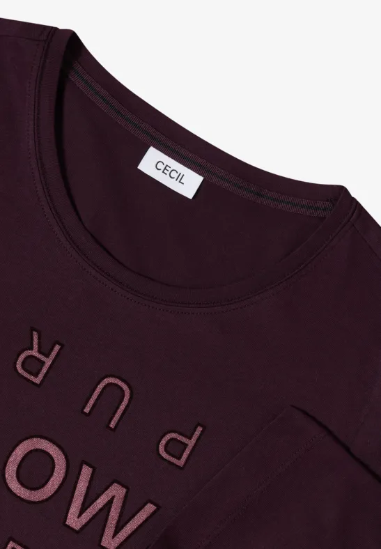 Shirt met glitter tekst eggplant red