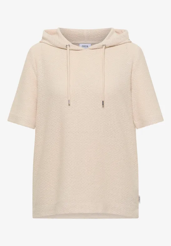 Beige korte mouw hoodie met capuchon, comfortabele pasvorm en verstelbaar trekkoord.