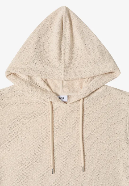 Beige, gestructureerde hoodie met trekkoord en eenvoudig ontwerp.