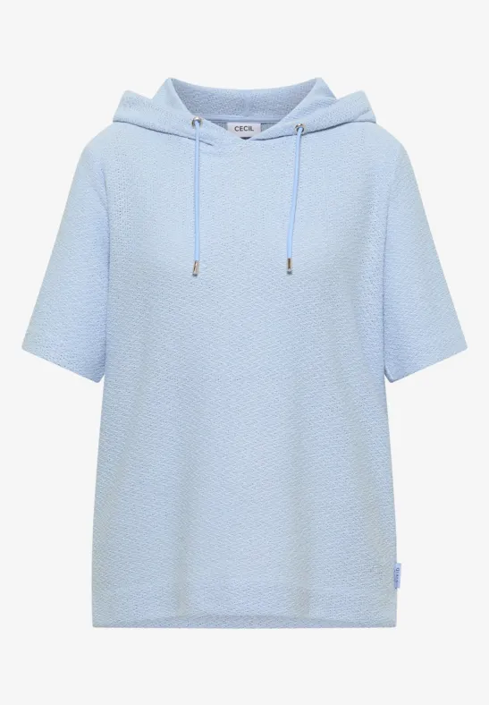Lichtblauwe korte mouw hoodie met wafelstructuur en zachte stof.