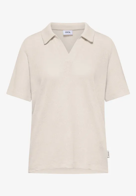 Lichtbeige poloshirt met korte mouwen, V-hals en subtiele kraag.