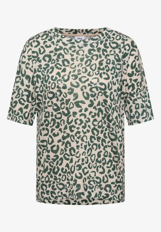 Beige T-shirt met groen luipaardprint.