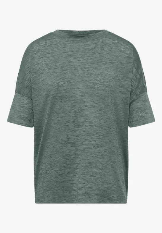 Losvallend gemêleerd T-shirt in grijsgroen met korte mouwen en ronde hals.