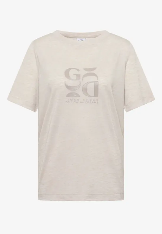 Beiges kurzärmeliges T-Shirt mit Rundhalsausschnitt und hellem Logo auf der Vorderseite.