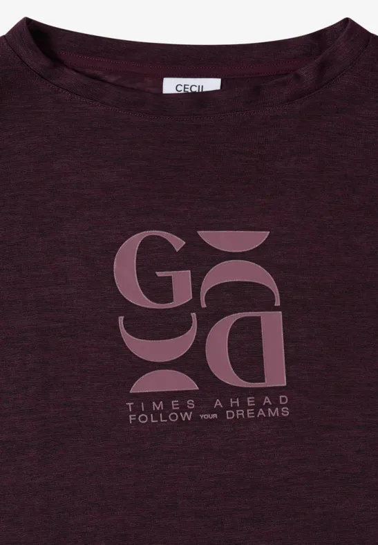 Dunkellila T-Shirt mit stylischem Print 'Times Ahead Follow Your Dreams' und 'Cecil'-Label.