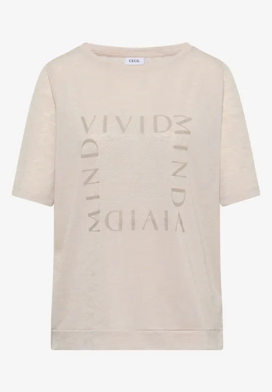 Beige T-shirt met korte mouwen en subtiele opdruk 'VIVID MIND' op de voorkant.