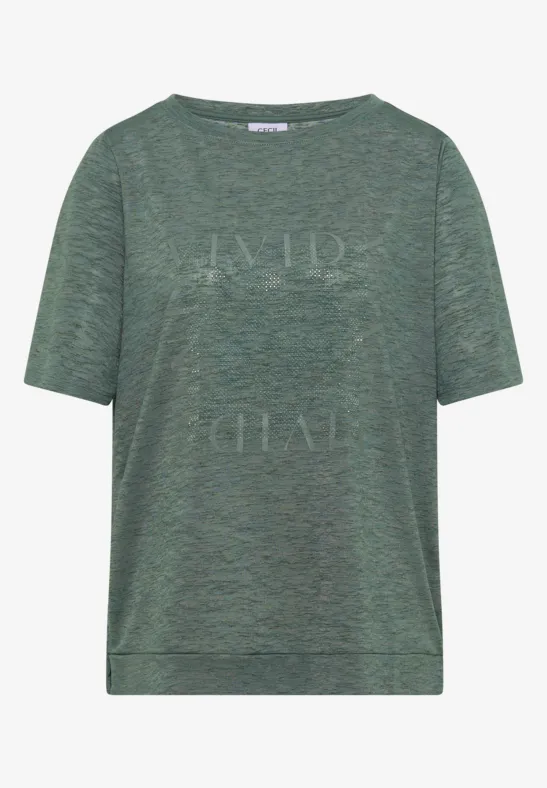 Groen T-shirt met korte mouwen, gemêleerd patroon en subtiele print voorop.