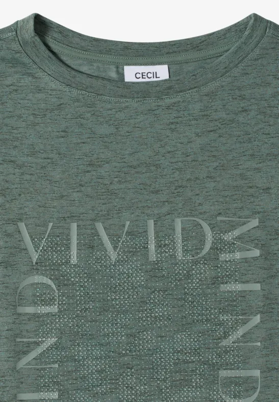 Grijs gemêleerd T-shirt met lichte opdruk ‘VIVID MIND’ en CECIL-label bij de hals.