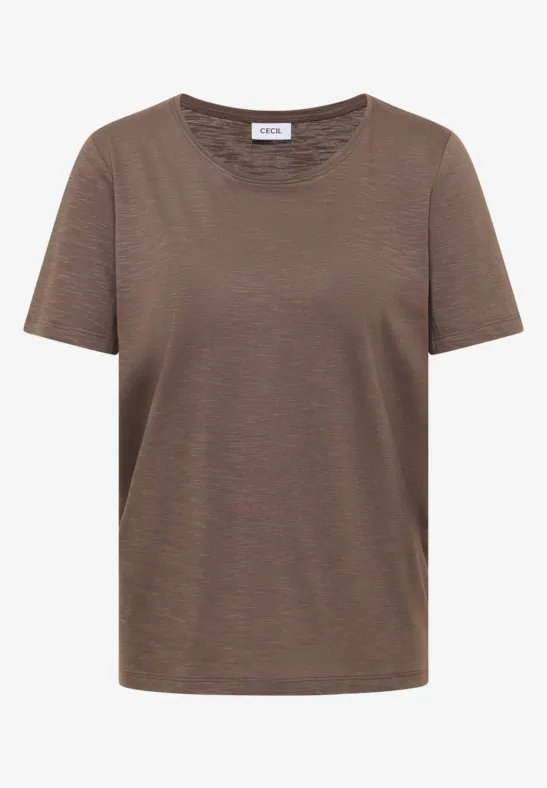 Braunes T-Shirt mit kurzen Ärmeln und Rundhalsausschnitt, schlichte Frontansicht.