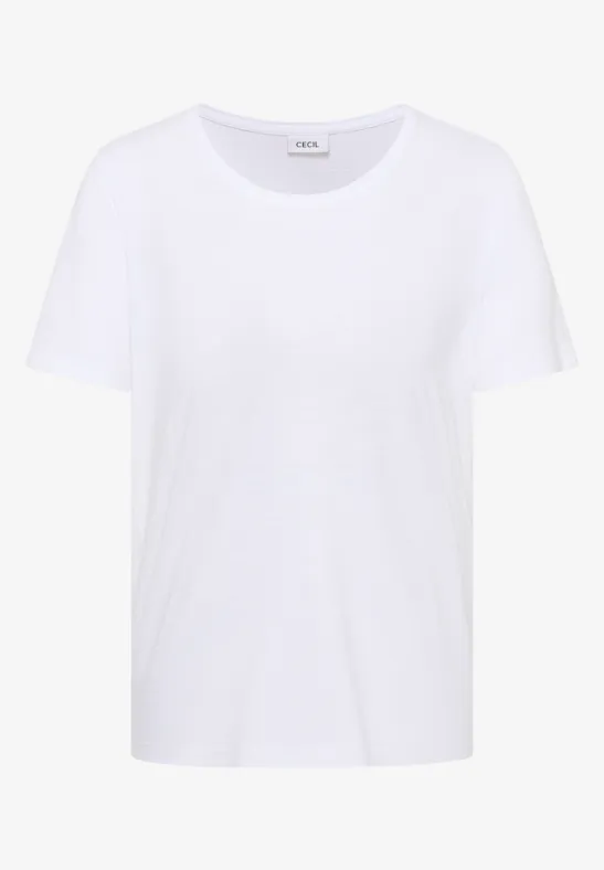 Schlichtes weißes T-Shirt mit Rundhalsausschnitt vor neutralem Hintergrund.