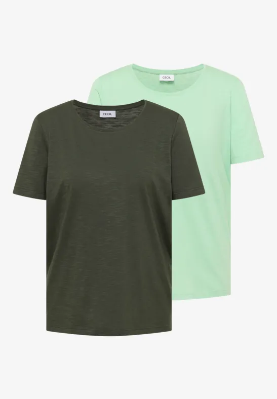 Twee korte-mouw T-shirts in donkergroen en lichtgroen, met een klassieke, eenvoudige pasvorm.