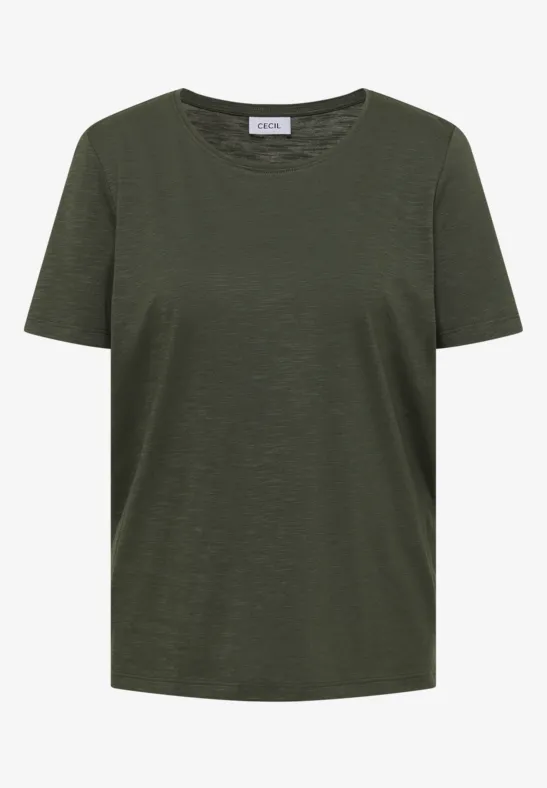 Een eenvoudig donkergroen T-shirt met ronde hals.