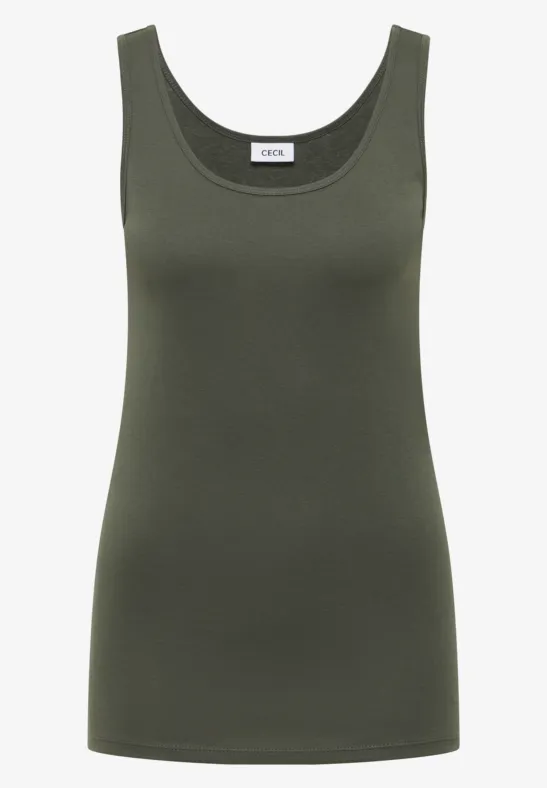 Ärmelloses, enganliegendes Tanktop in Olivgrün mit rundem Ausschnitt.