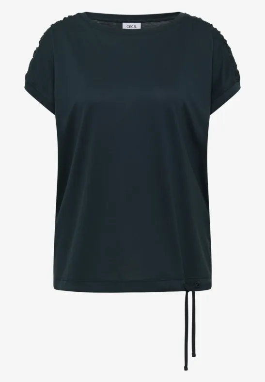 Schlichtes schwarzes Kurzarmshirt mit lockerem Schnitt und Kordelzug am Saum.