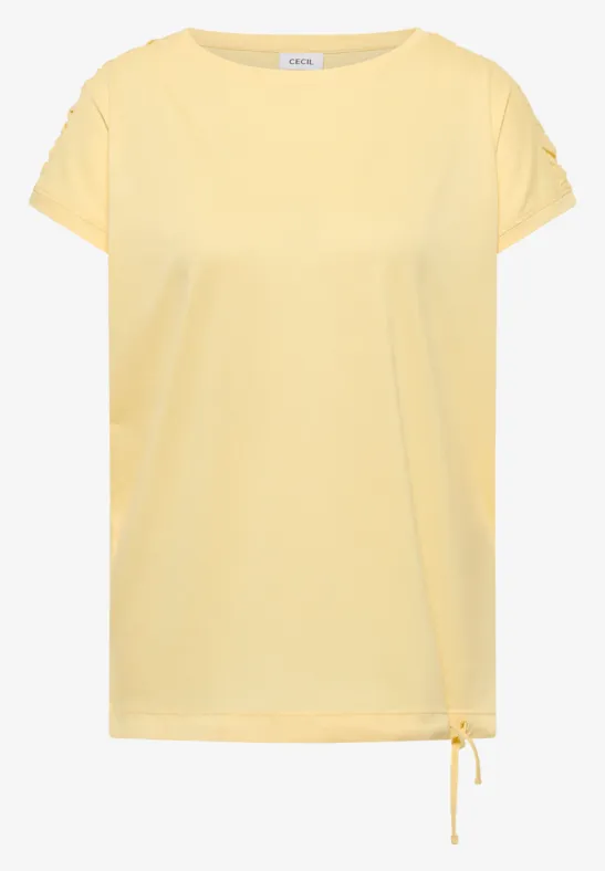 Hellgelbes kurzärmeliges T-Shirt mit Rundhalsausschnitt und seitlicher Kordel am Saum.