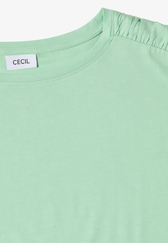 Lichtgroen T-shirt met ronde hals, plooien op de schouder en 'CECIL' merklabel bij de kraag