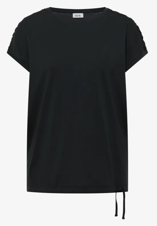 Zwart T-shirt met korte mouwen, ronde hals en zijstrikkoord.