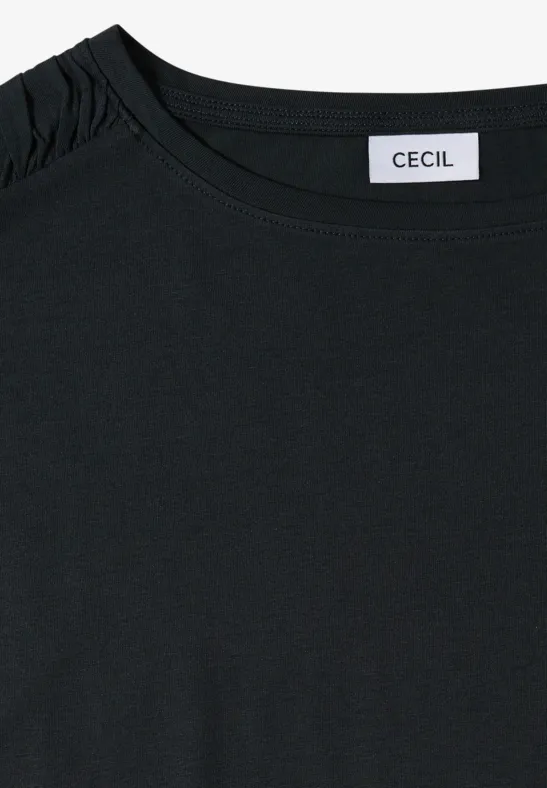 Zwart T-shirt met ronde hals, licht geplooide mouwen en 'CECIL'-label aan de binnenkant van de kraag.