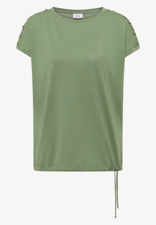 Kurzärmeliges, olivgrünes Shirt mit Rundhalsausschnitt und seitlicher Kordel am Saum.