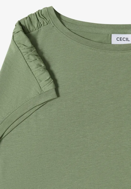Grünes Damen-T-Shirt mit kurzen Ärmeln und Rüschen an der Schulter, Label ‚CECIL‘ am Kragen