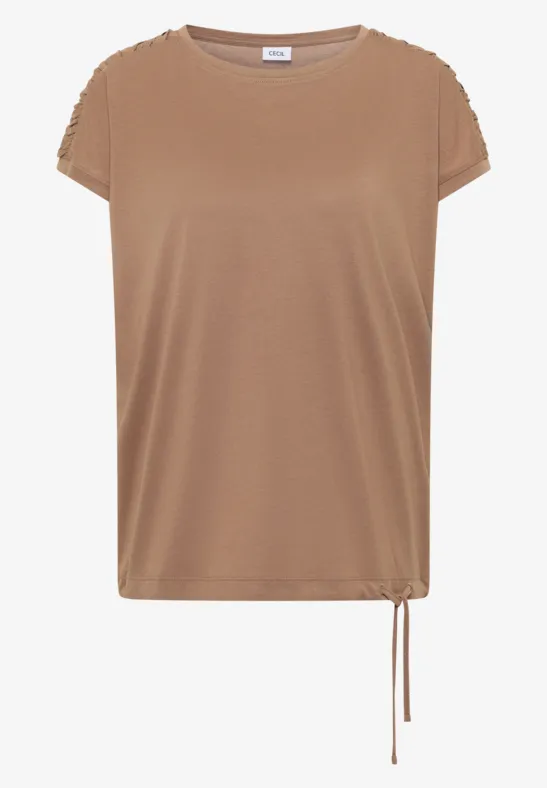 Beiges T-Shirt mit kurzen Ärmeln, rundem Ausschnitt und seitlicher Kordel am Saum.