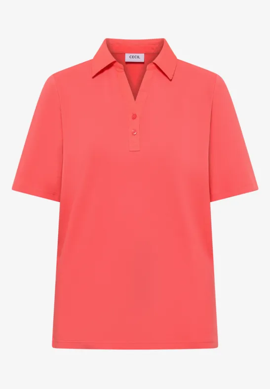Korallfarbenes kurzärmeliges Poloshirt mit Knopfleiste und klassischem Kragen.